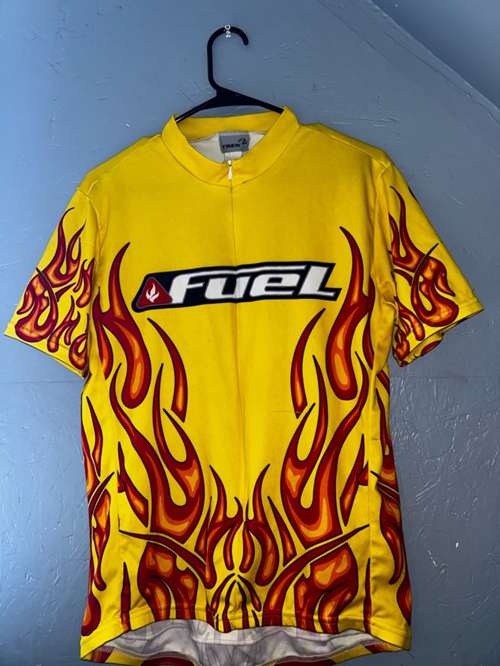 trek fuel yellow cycling jersey with flames